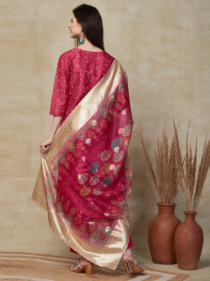 Ethnic Printed & Embroidered Straight Fit Kurta with Pant & Dupatta - Fuchsia