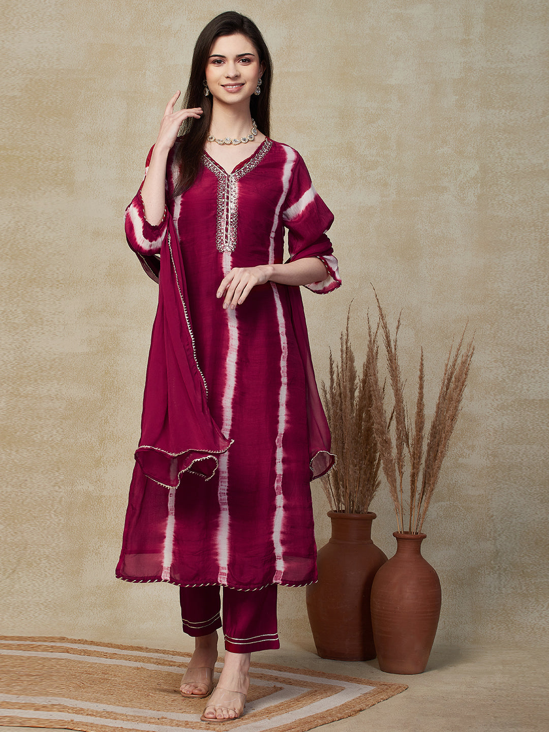 Shibori Dye & Embroidered Straight Kurta with Pant & Dupatta - Maroon