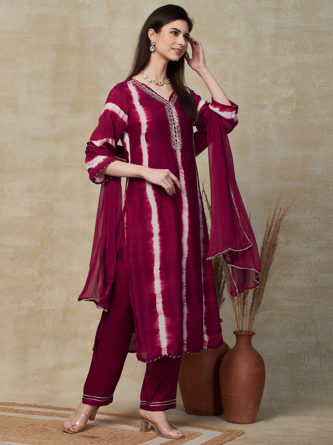 Shibori Dye & Embroidered Straight Kurta with Pant & Dupatta - Maroon