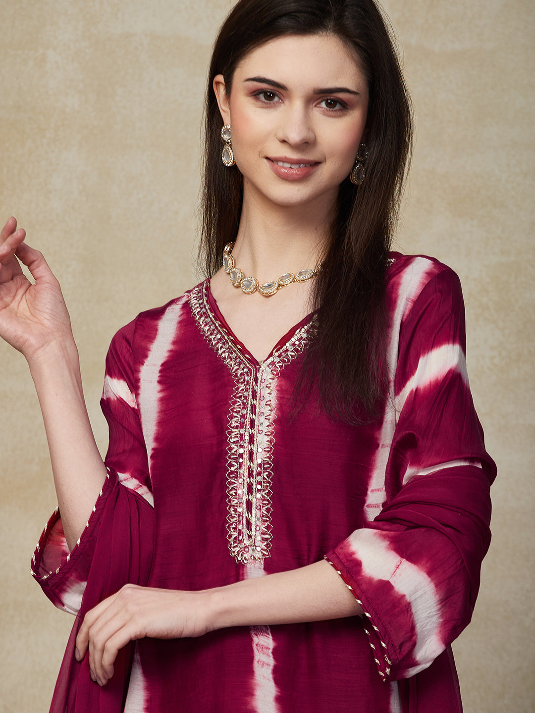 Shibori Dye & Embroidered Straight Kurta with Pant & Dupatta - Maroon