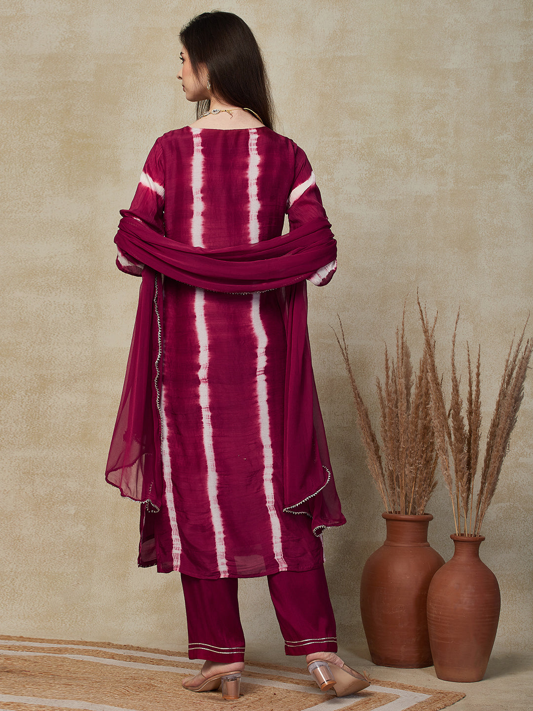 Shibori Dye & Embroidered Straight Kurta with Pant & Dupatta - Maroon