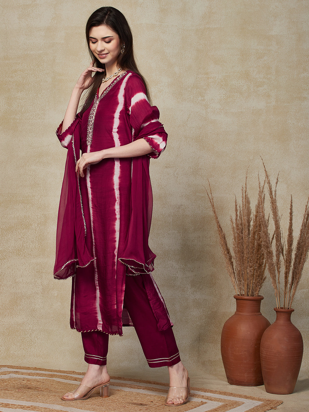 Shibori Dye & Embroidered Straight Kurta with Pant & Dupatta - Maroon