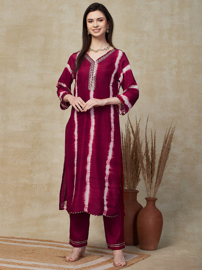 Shibori Dye & Embroidered Straight Kurta with Pant & Dupatta - Maroon