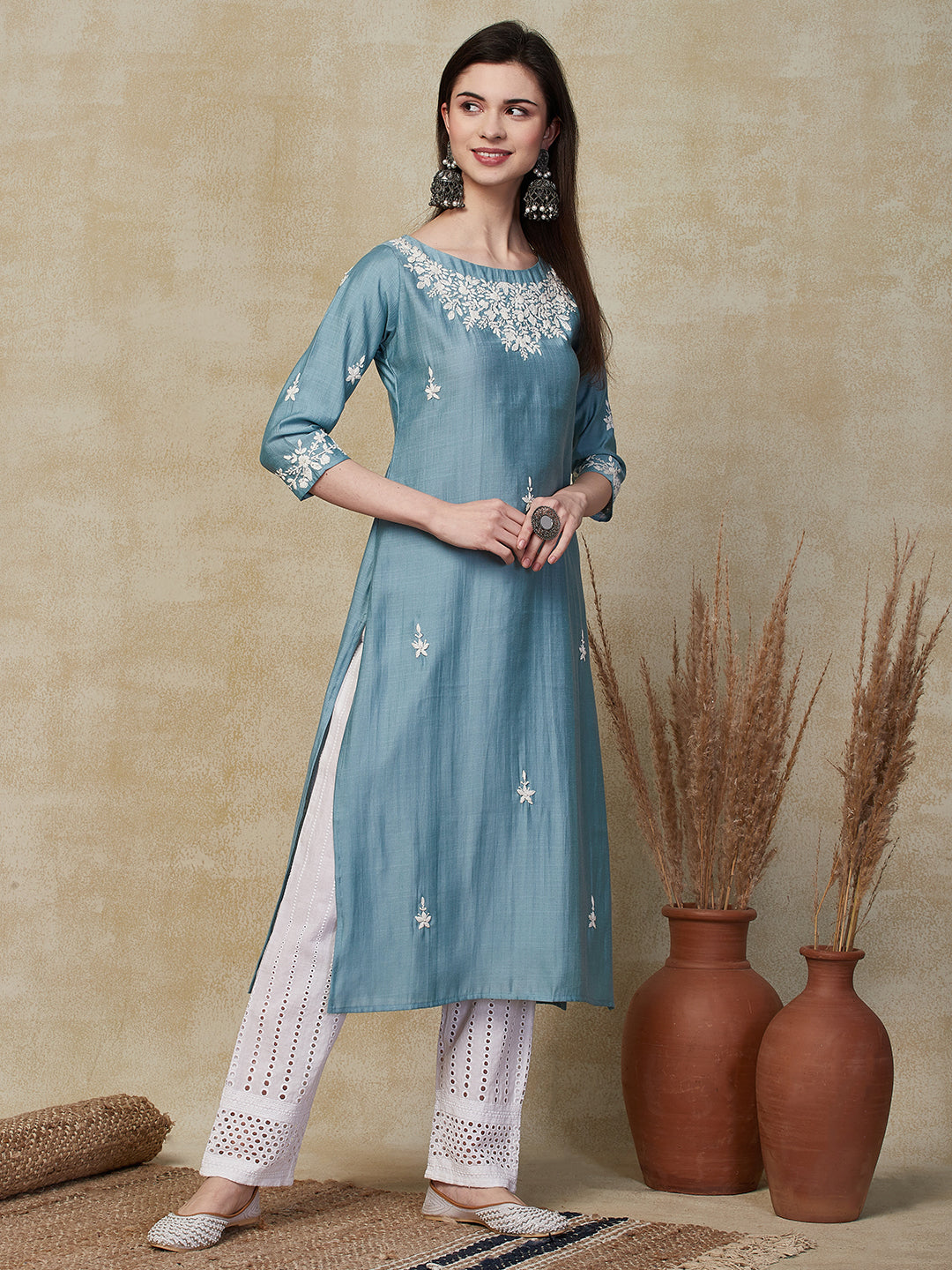 Floral Hand Embroidered Straight Fit Kurta - Powder Blue