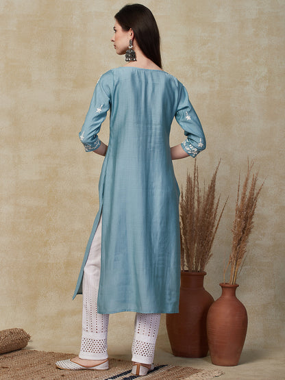 Floral Hand Embroidered Straight Fit Kurta - Powder Blue