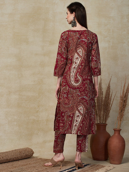 Ethnic Floral Printed Straight Fit Kurta with Pant - Brown