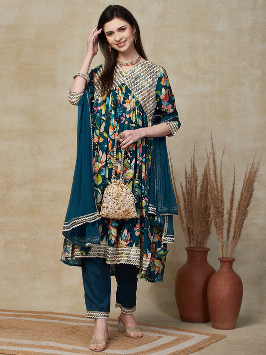 Floral Printed & Embroidered A-Line Pleated Kurta with Pant & Dupatta - Teal Blue
