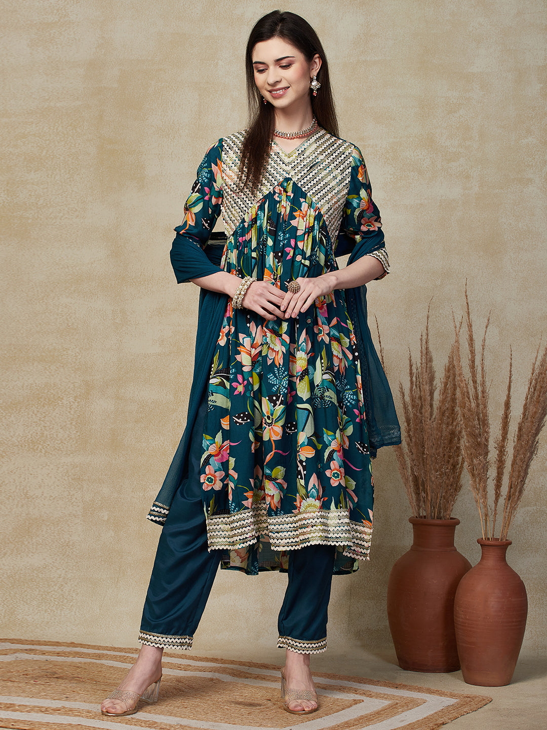 Floral Printed & Embroidered A-Line Pleated Kurta with Pant & Dupatta - Teal Blue