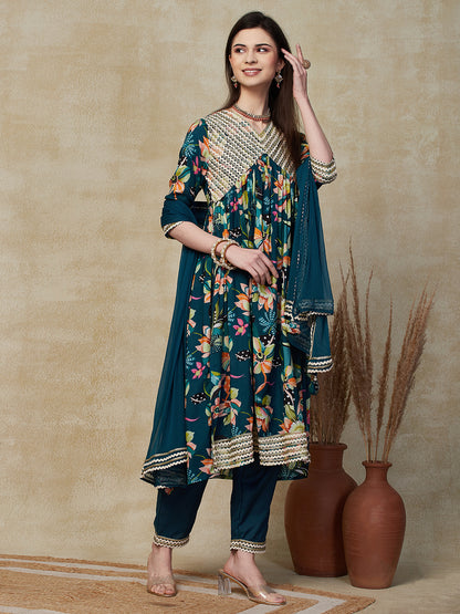 Floral Printed & Embroidered A-Line Pleated Kurta with Pant & Dupatta - Teal Blue