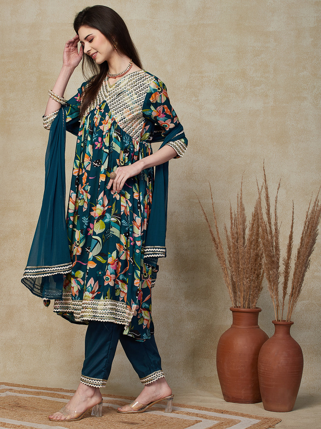 Floral Printed & Embroidered A-Line Pleated Kurta with Pant & Dupatta - Teal Blue