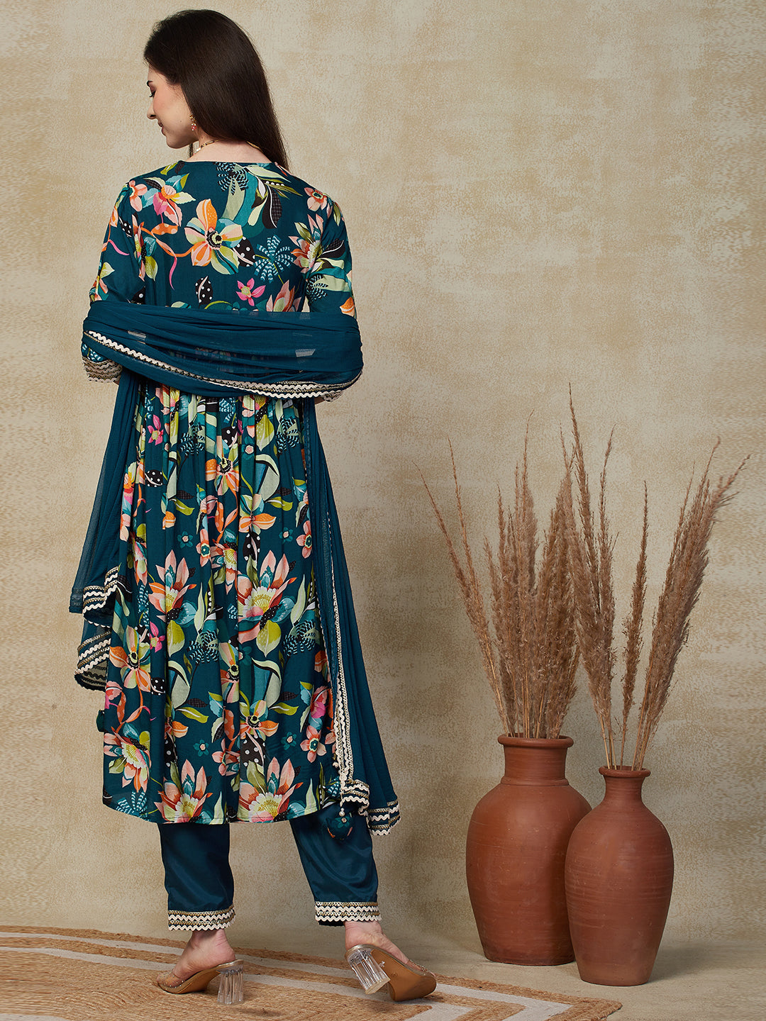 Floral Printed & Embroidered A-Line Pleated Kurta with Pant & Dupatta - Teal Blue