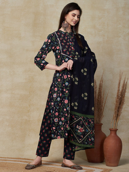 Floral Printed & Embroidered Straight Kurta with Pant & Dupatta - Navy Blue
