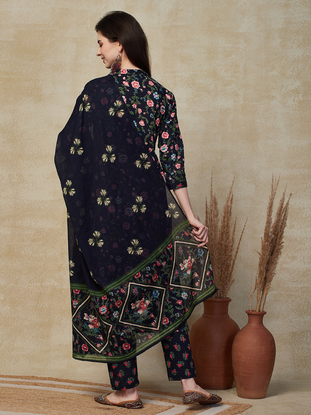 Floral Printed & Embroidered Straight Kurta with Pant & Dupatta - Navy Blue
