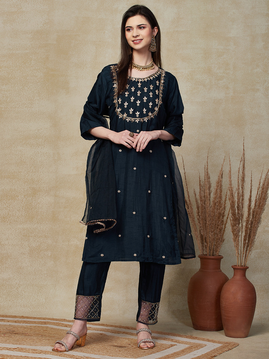 Solid Floral Hand Embroidered Straight Kurta with Pant & Dupatta - Blue