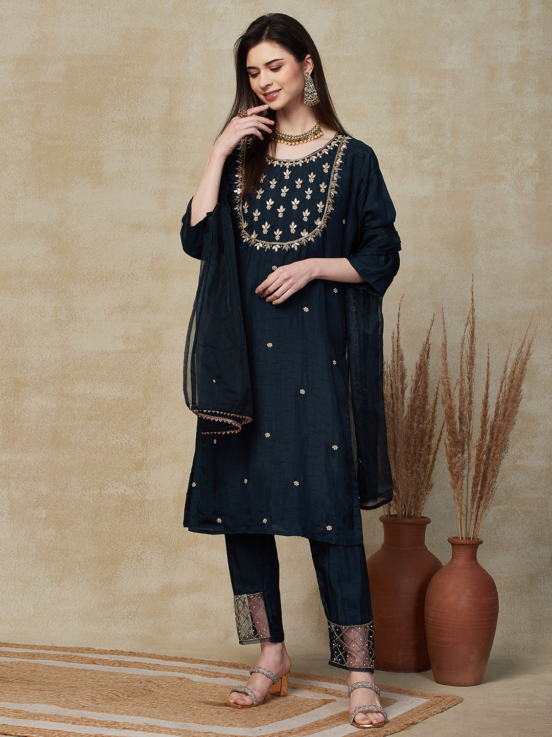 Solid Floral Hand Embroidered Straight Kurta with Pant & Dupatta - Blue