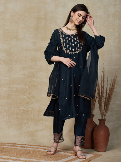 Solid Floral Hand Embroidered Straight Kurta with Pant & Dupatta - Blue