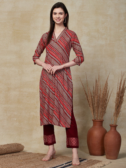 Ethnic Stripes Printed Straight Fit Kurta - Maroon