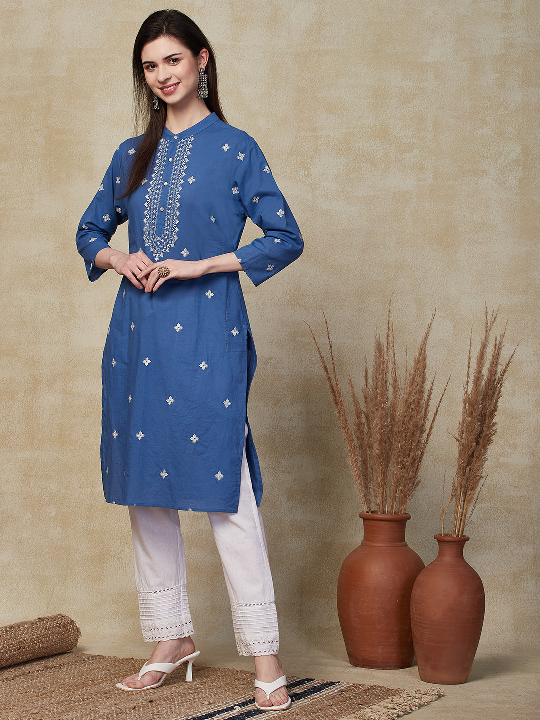 Ethnic Embroidered Straight Fit Kurta - Blue