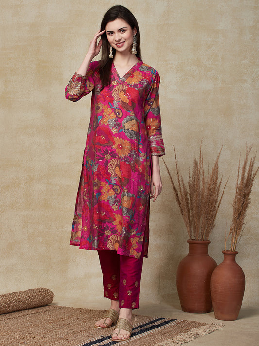 Abstract Floral Foil Printed & Embroidered Straight Fit Kurta - Pink