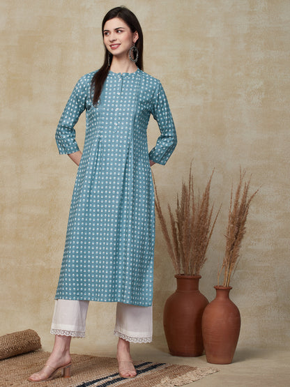 Ethnic Floral Printed A-Line Kurta - Blue