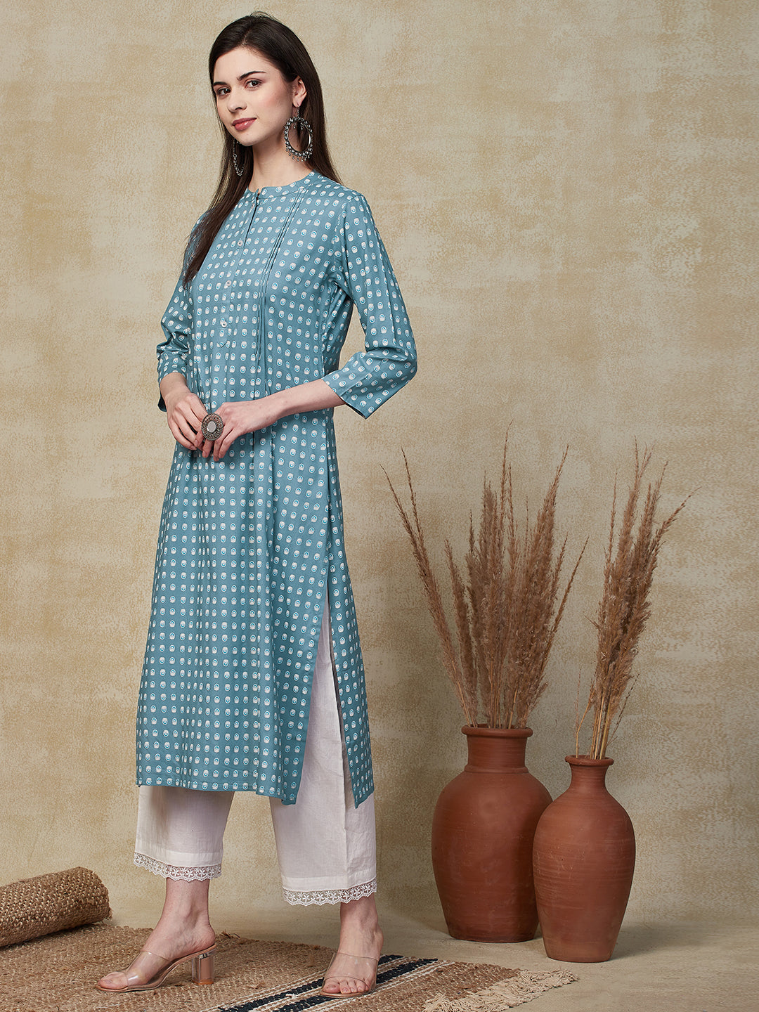 Ethnic Floral Printed A-Line Kurta - Blue