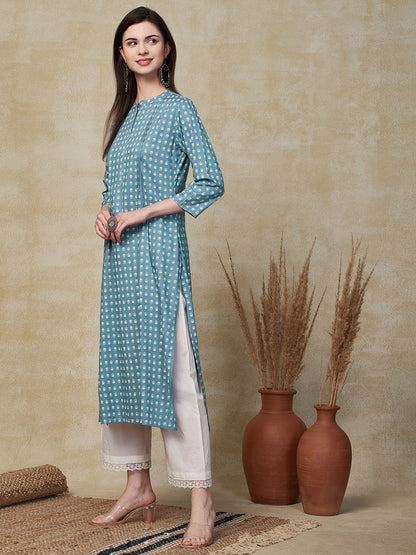 Ethnic Floral Printed A-Line Kurta - Blue