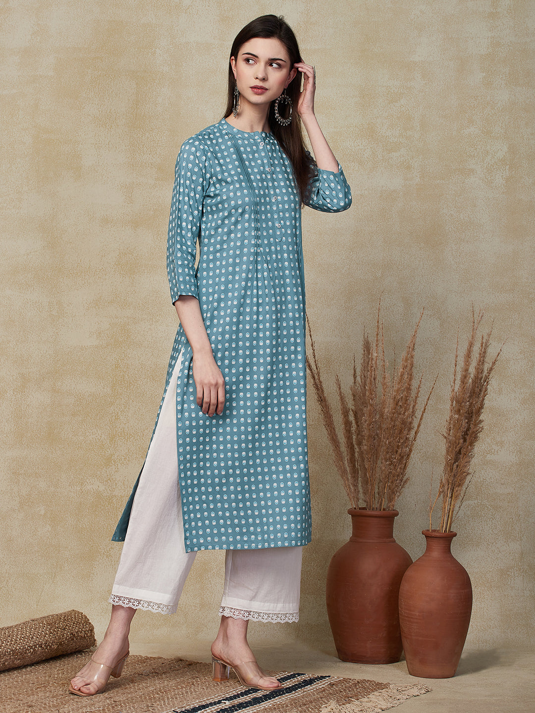 Ethnic Floral Printed A-Line Kurta - Blue