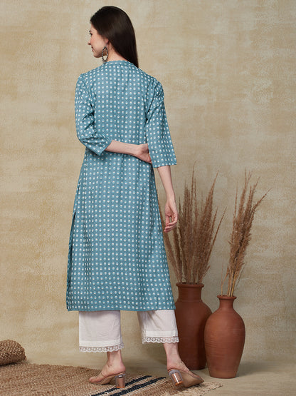 Ethnic Floral Printed A-Line Kurta - Blue