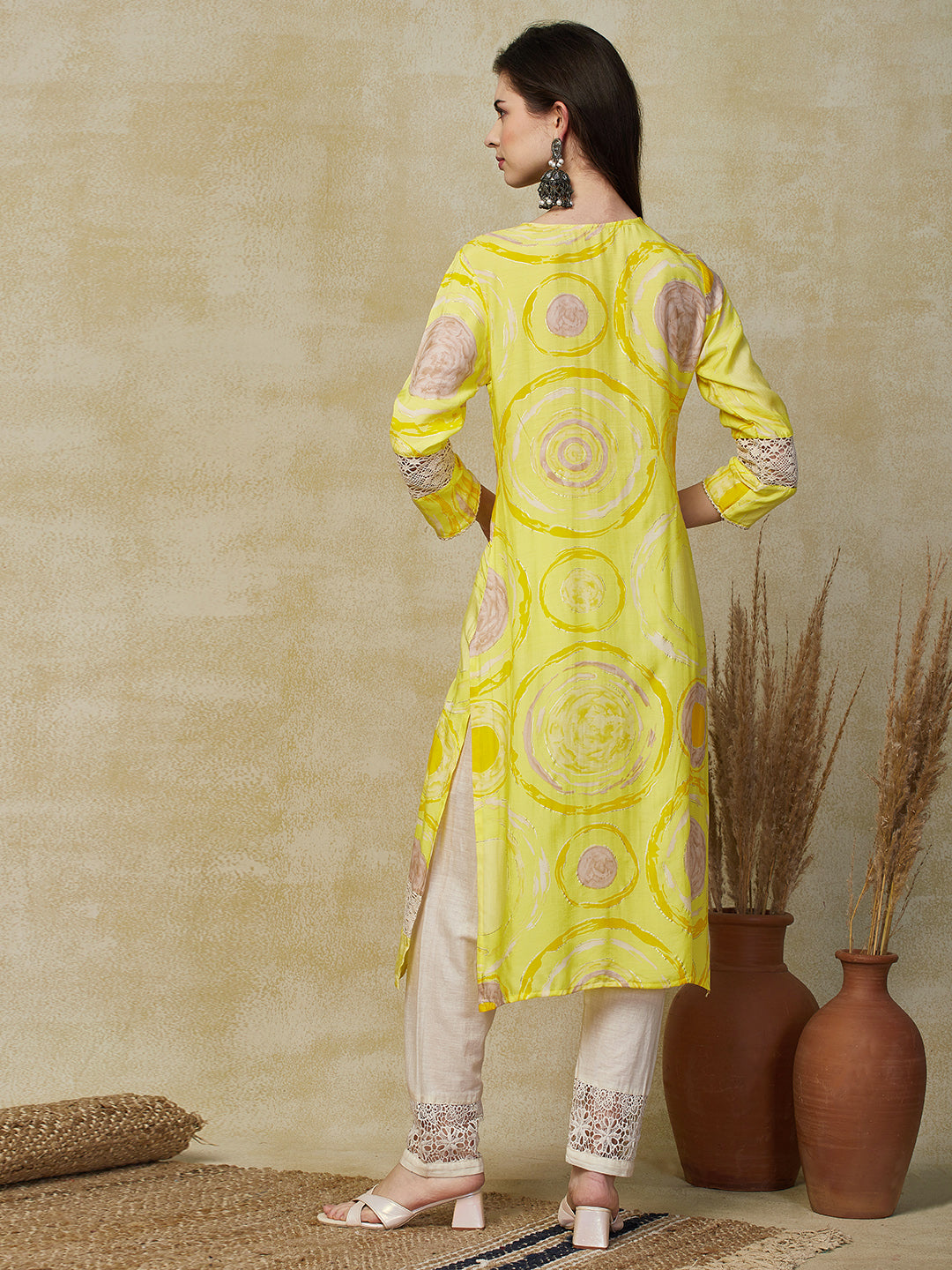 Abstract Geometric Foil Printed Straight Fit Kurta - Yellow