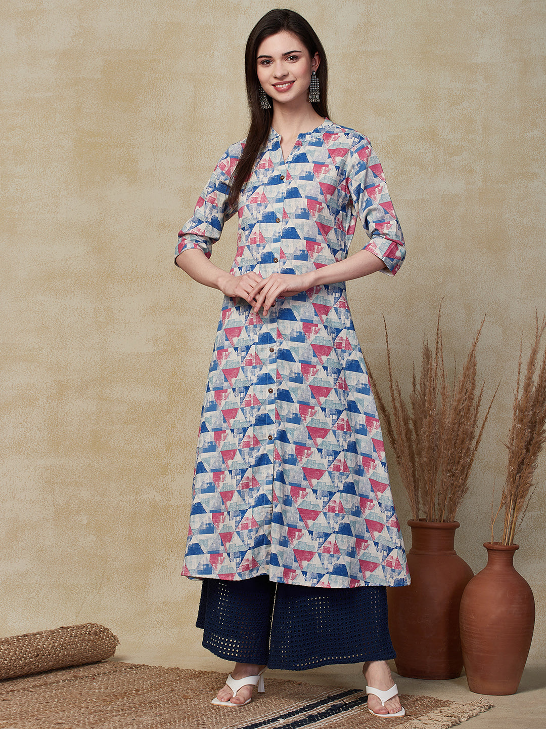 Abstract Geometric Printed A-Line Kurta - Multi