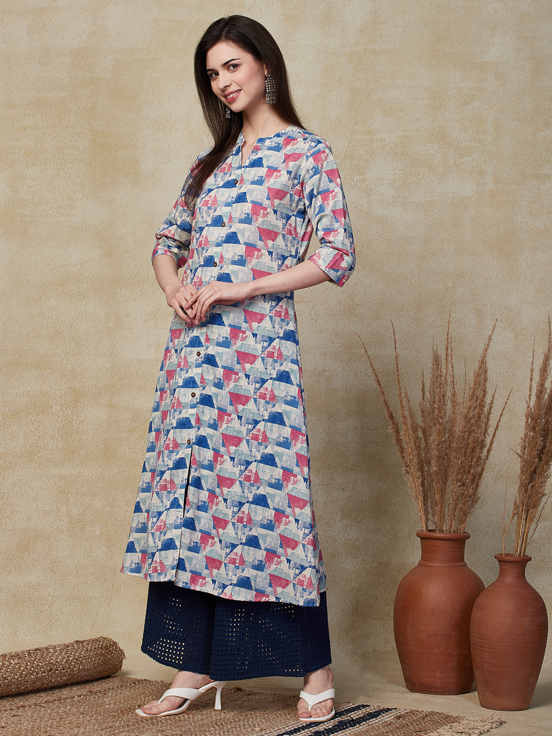 Abstract Geometric Printed A-Line Kurta - Multi