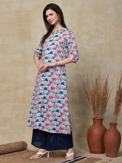 Abstract Geometric Printed A-Line Kurta - Multi