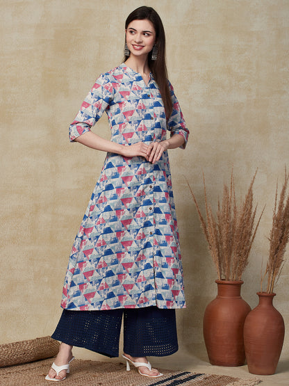 Abstract Geometric Printed A-Line Kurta - Multi