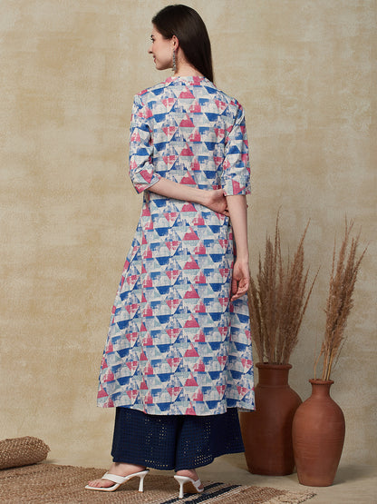 Abstract Geometric Printed A-Line Kurta - Multi