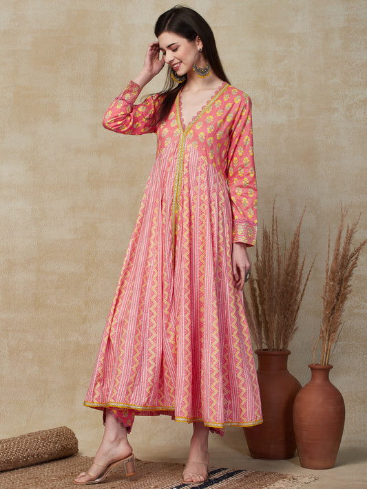 Ethnic Stripes & Floral Printed Anarkali Kurta with Pant - Pink