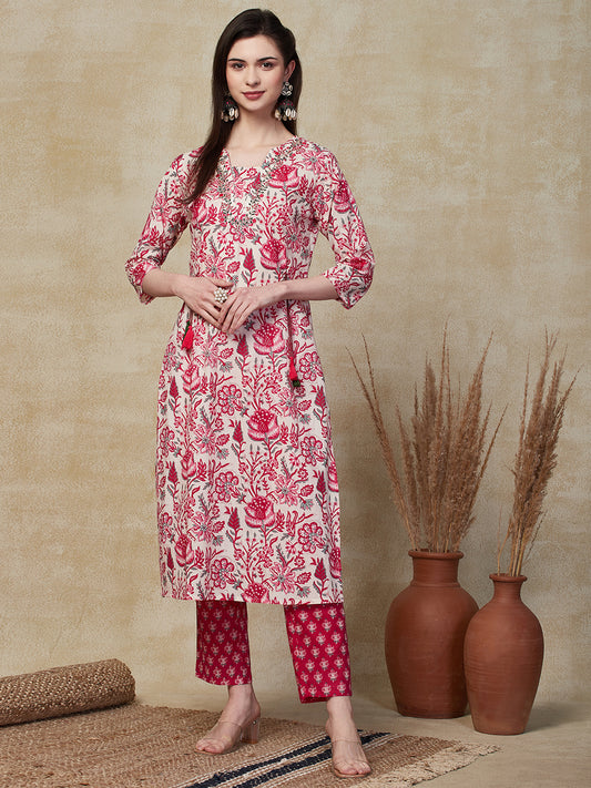 Floral Printed & Embroidered Straight Kurta with Pant - Pink