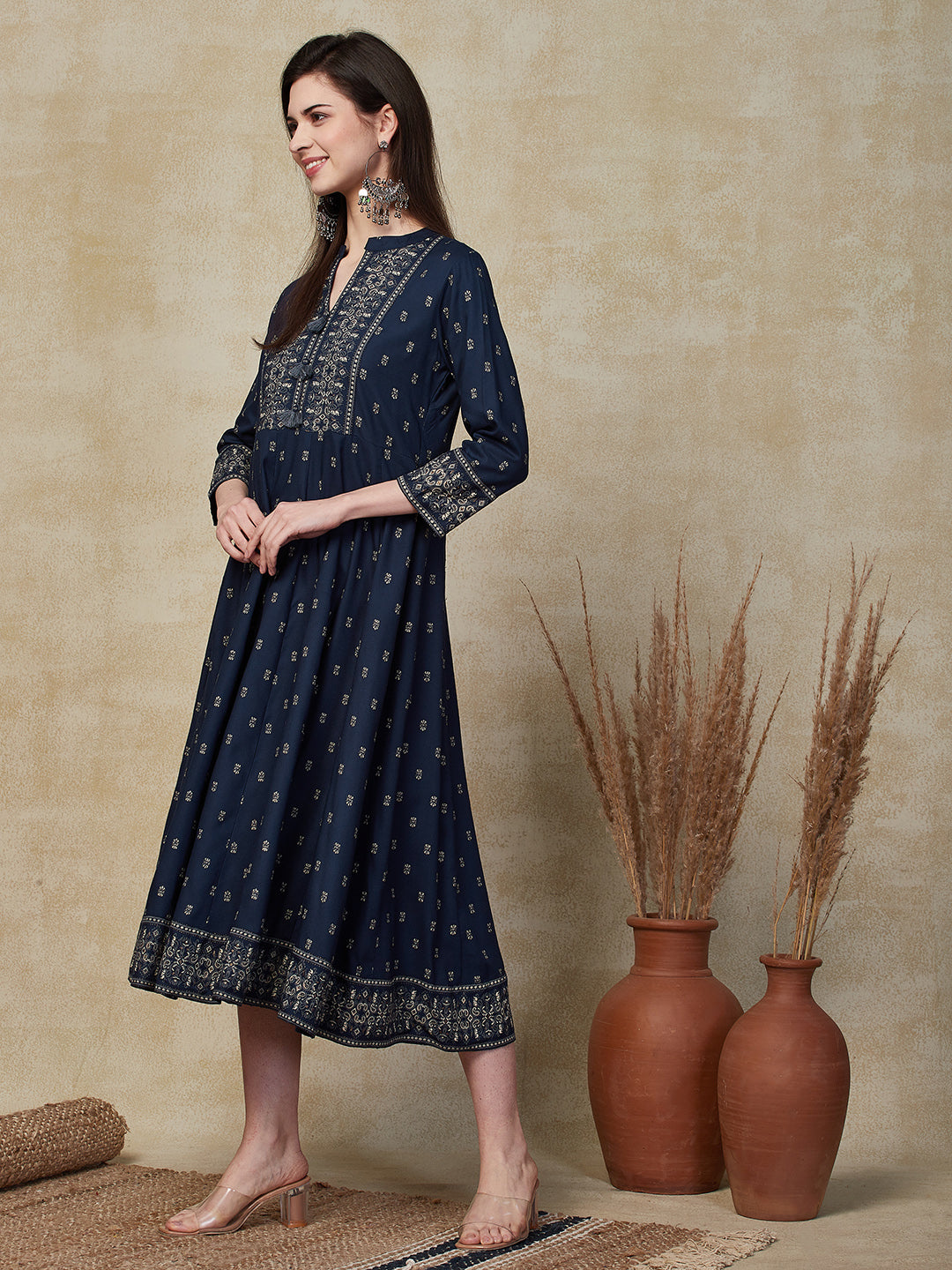 Ethnic Foil Printed Anarkali Flared Midi Dress - Navy Blue