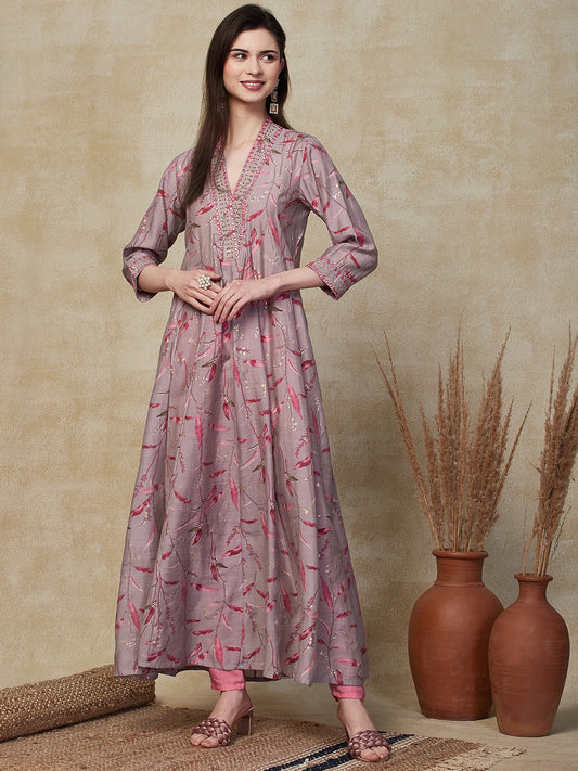 Ethnic Embroidered & Floral Printed A-Line Kurta with Pant - Lavender