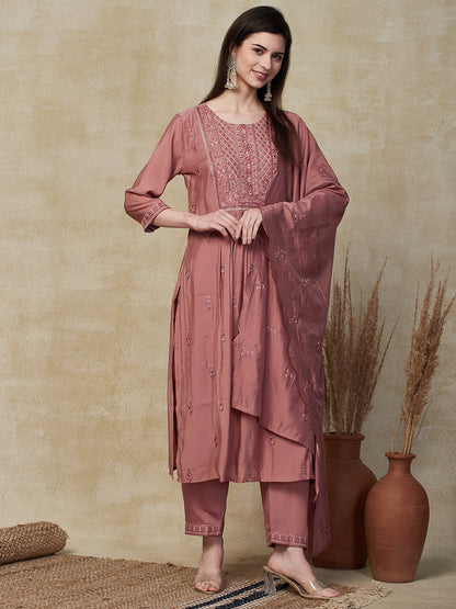 Solid Floral Embroidered Straight Fit Kurta with Pant & Dupatta - Rose Gold