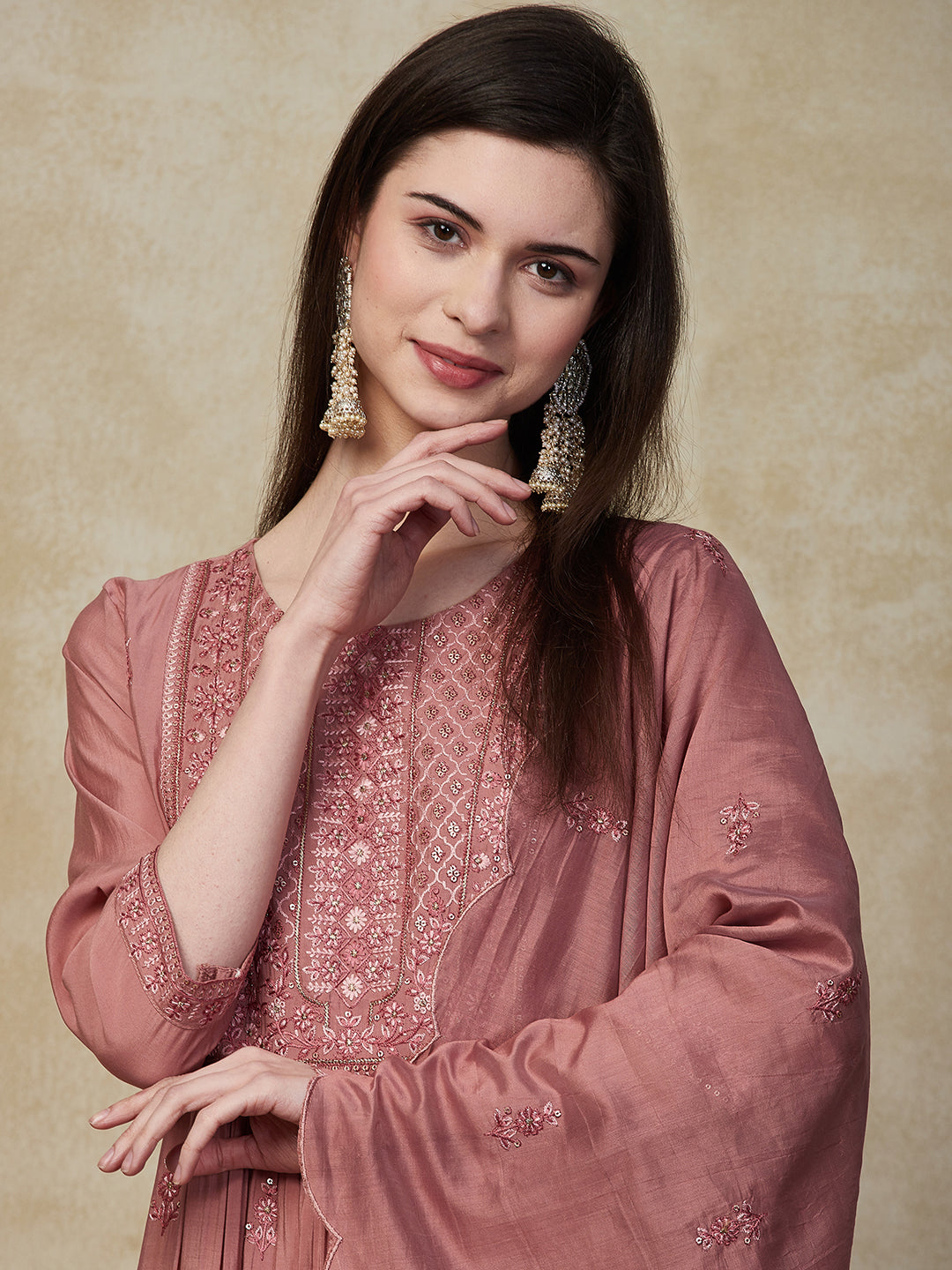 Solid Floral Embroidered Straight Fit Kurta with Pant & Dupatta - Rose Gold