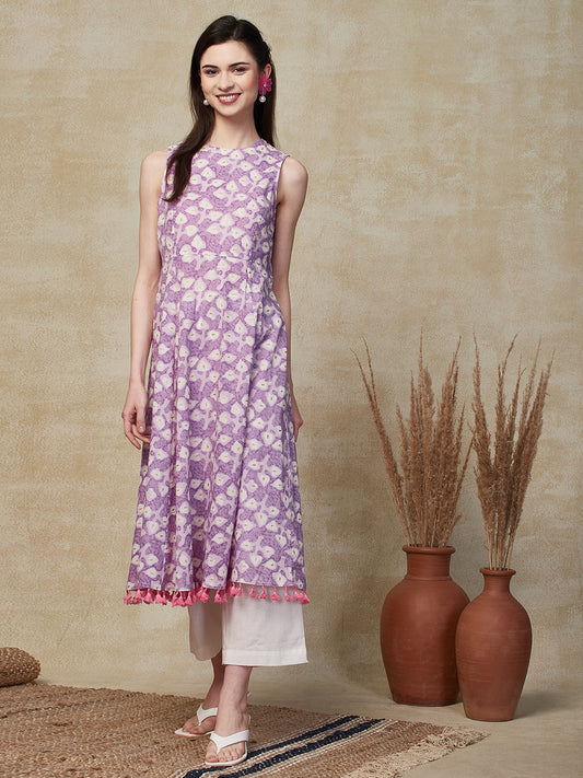 Ethnic Foil Printed A-Line Flared Kurta with Palazzo - Lavender
