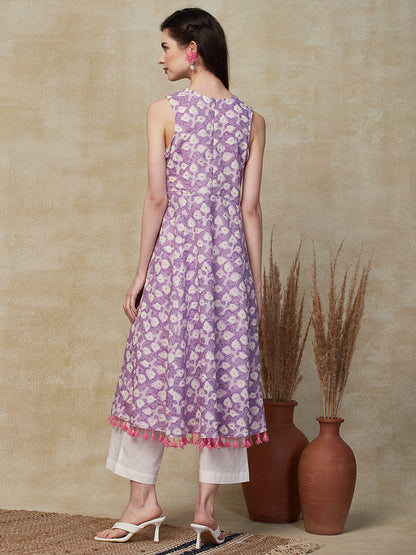 Ethnic Foil Printed A-Line Flared Kurta with Palazzo - Lavender