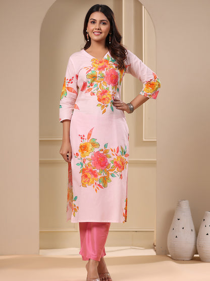 Floral Printed Cutdana & sequins Embroidered Kurta - Light Pink