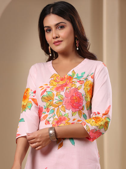 Floral Printed Cutdana & sequins Embroidered Kurta - Light Pink