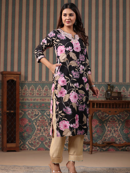 Floral Printed & Ethnic Embroidered Straight Kurta - Black