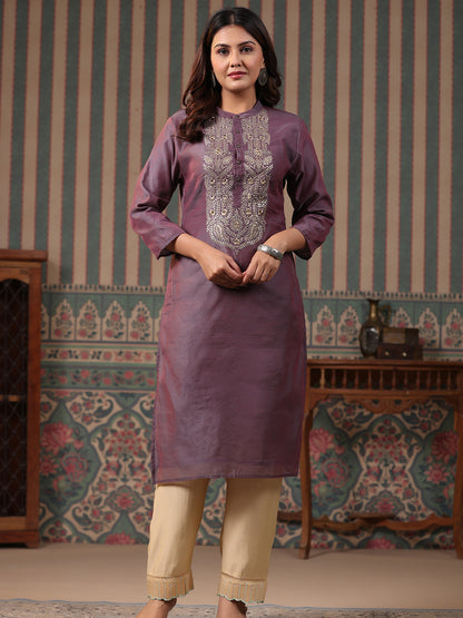 Dual Tone Ethnic Zari Embroidered Straight Fit Kurta - Lavender