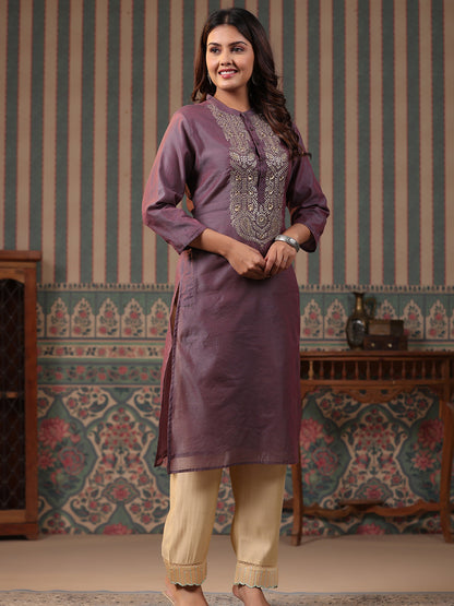 Dual Tone Ethnic Zari Embroidered Straight Fit Kurta - Lavender