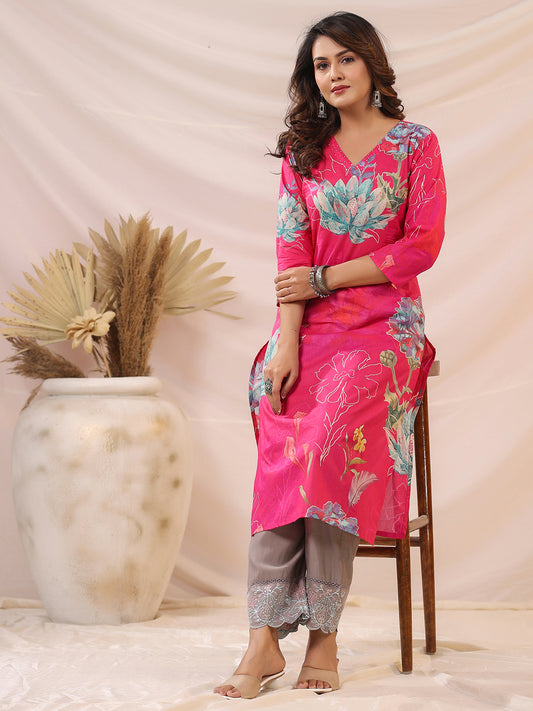 Abstract Floral Printed & Beads Embroidered Straight Kurta - Pink
