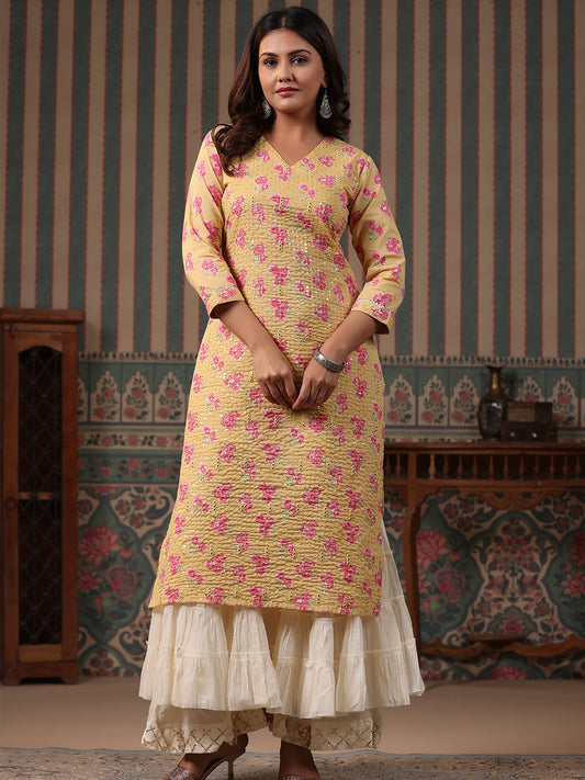 Floral Printed Mirror, Resham & Sequins Embroidered Kurta - Yellow