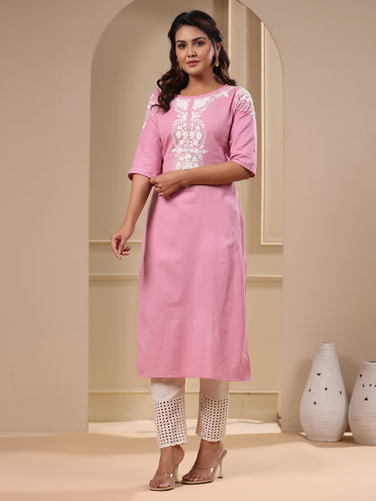 Floral Chikankari & Sequin Embroidered Straight Fit Kurta - Pink